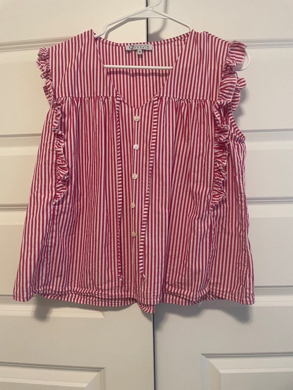 Button-Front Red & White Striped Ruffle Sleeve Blouse